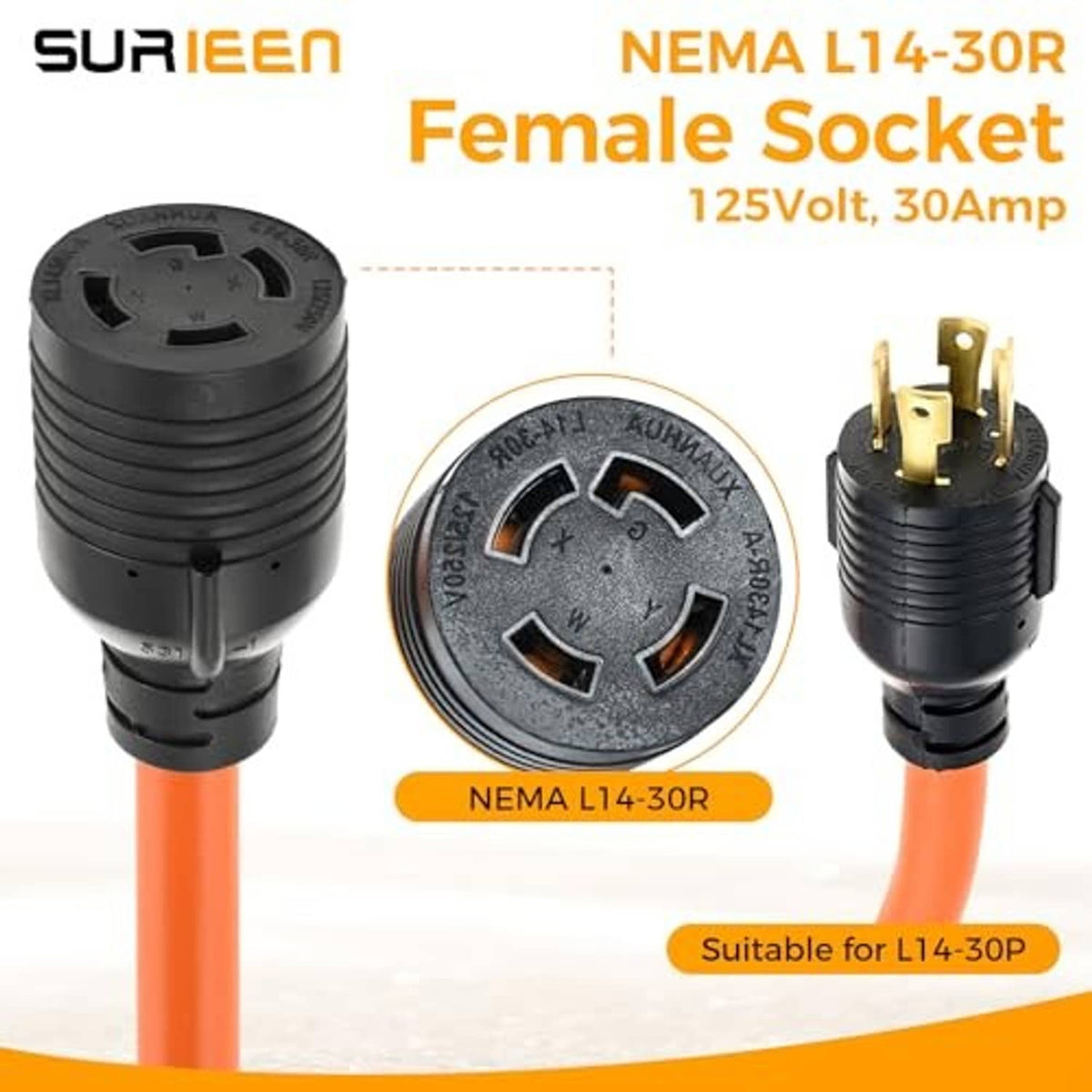 Black circular NEMA L14-30R female socket with gold contacts on orange adapter cord