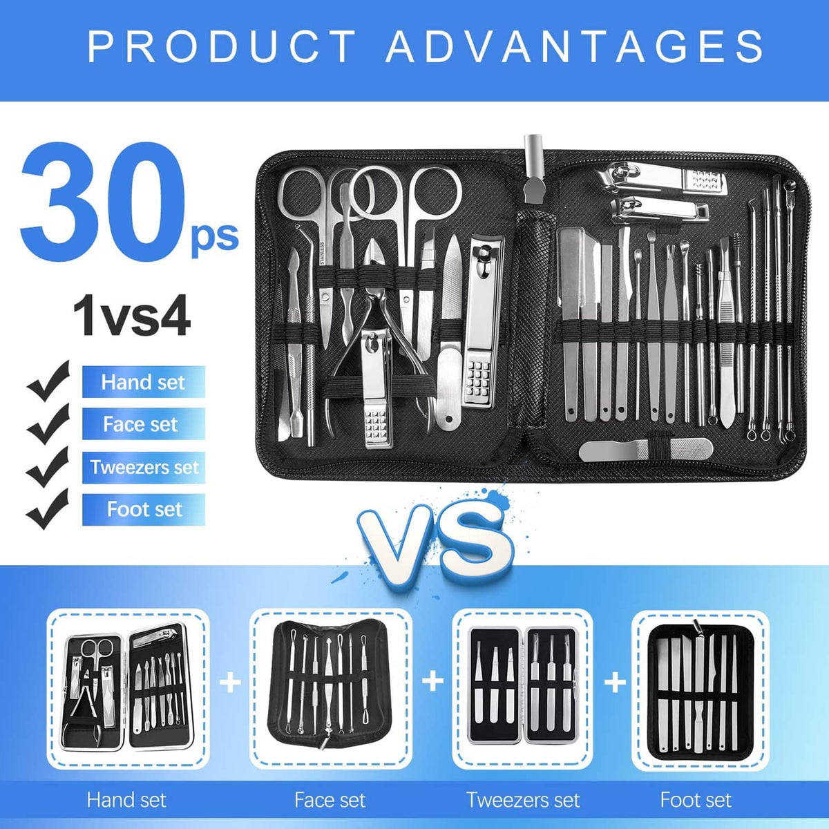 Black manicure tool kit with multiple instruments stored in an open zip case