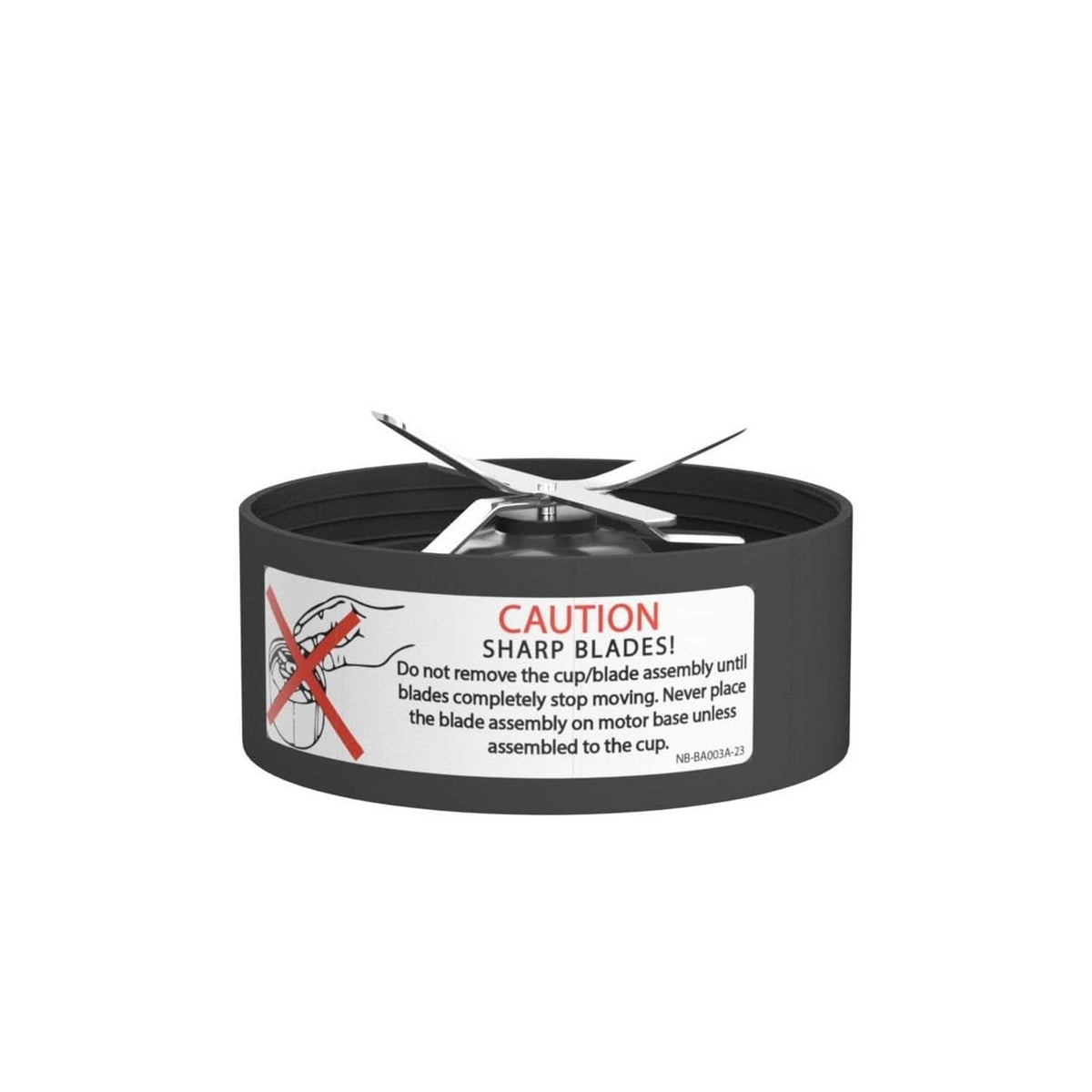 Round black blade housing with cross-shaped stainless blade and safety warning label