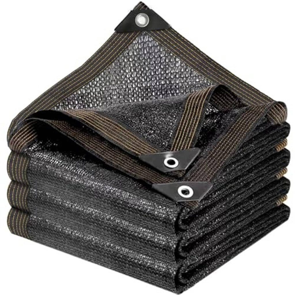 Dark gray mesh shade cloth tarp with metal grommets, folded and neatly stacked