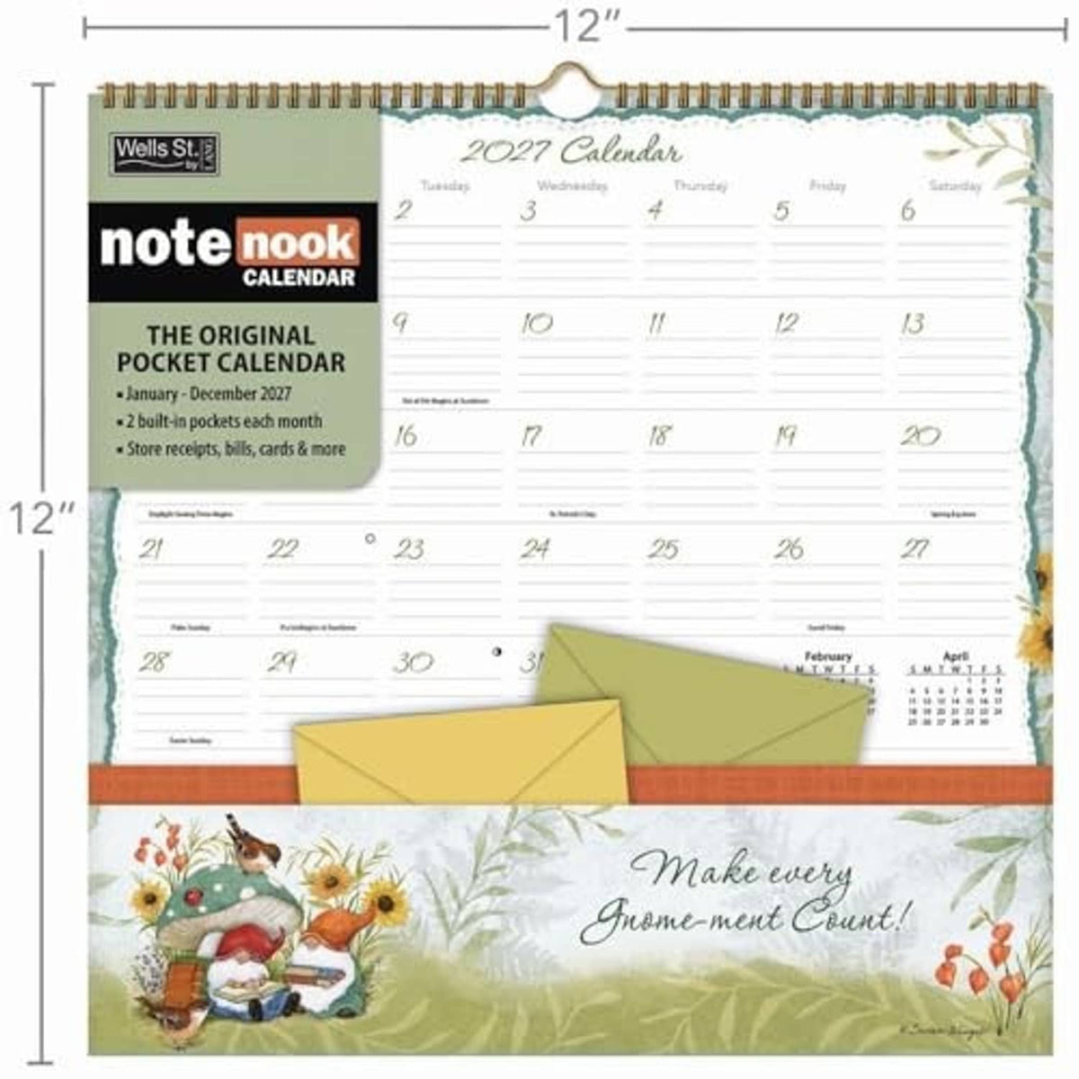 Gnome-themed 2027 pocket calendar front with pockets and 12-inch size