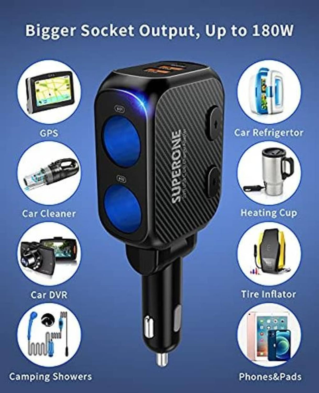 Car lighter splitter with black body and two blue sockets, plug-in end for vehicle power