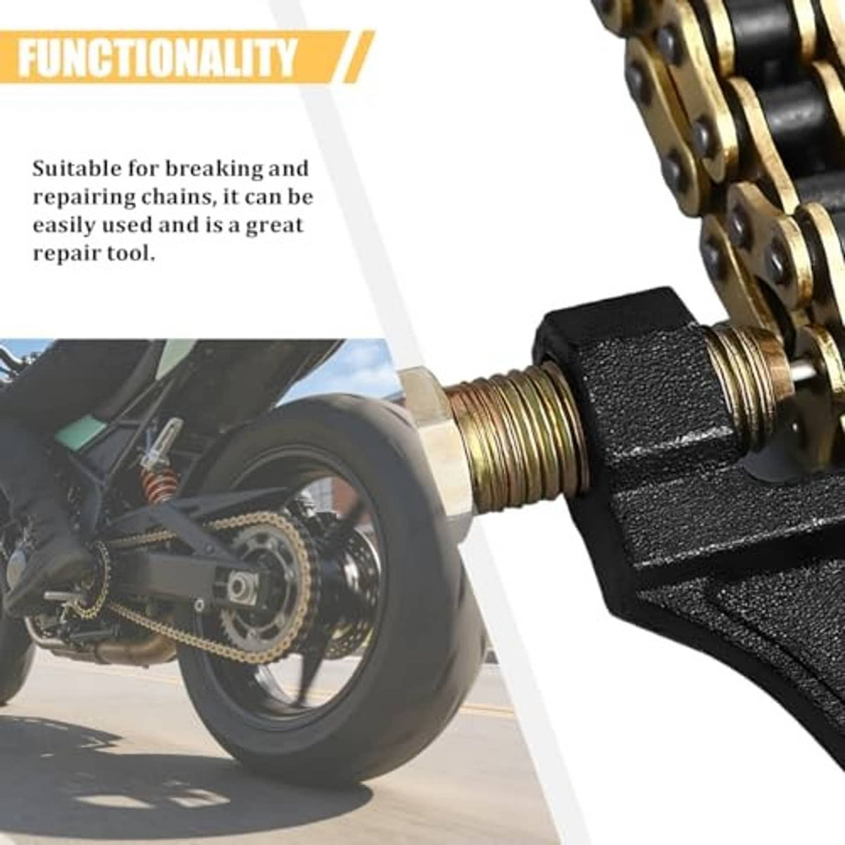 Close-up chain breaker tool head with gold threaded rod and black clamp body