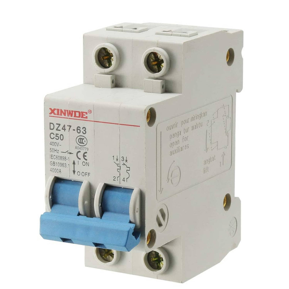 XINWDE 2-pole DIN rail miniature circuit breaker, blue/gray, top screw terminals