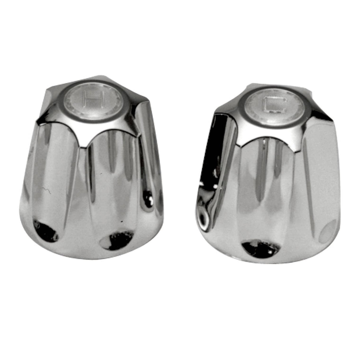 Pair of chrome faucet handle knobs with H markings and decorative grooves