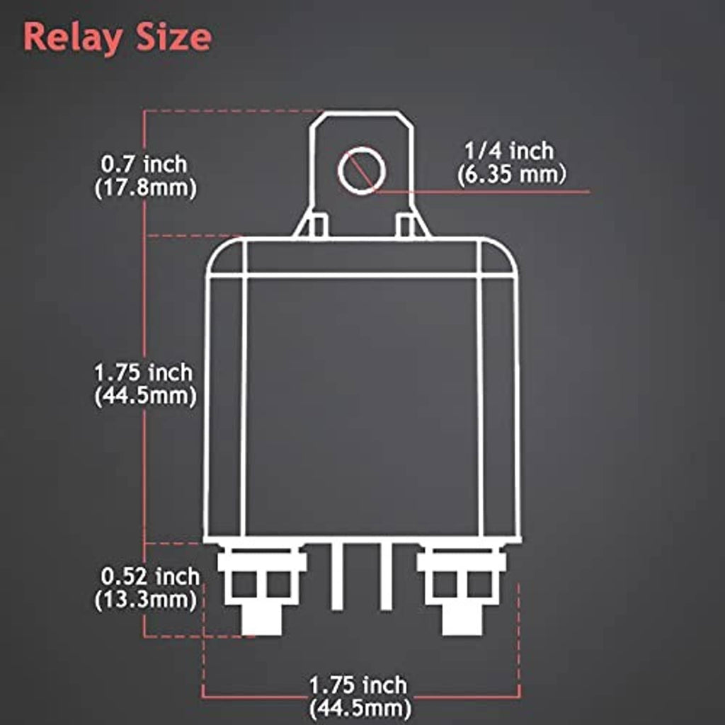 12V DC relay size dimensions with mounting foot and pin spacing measurements