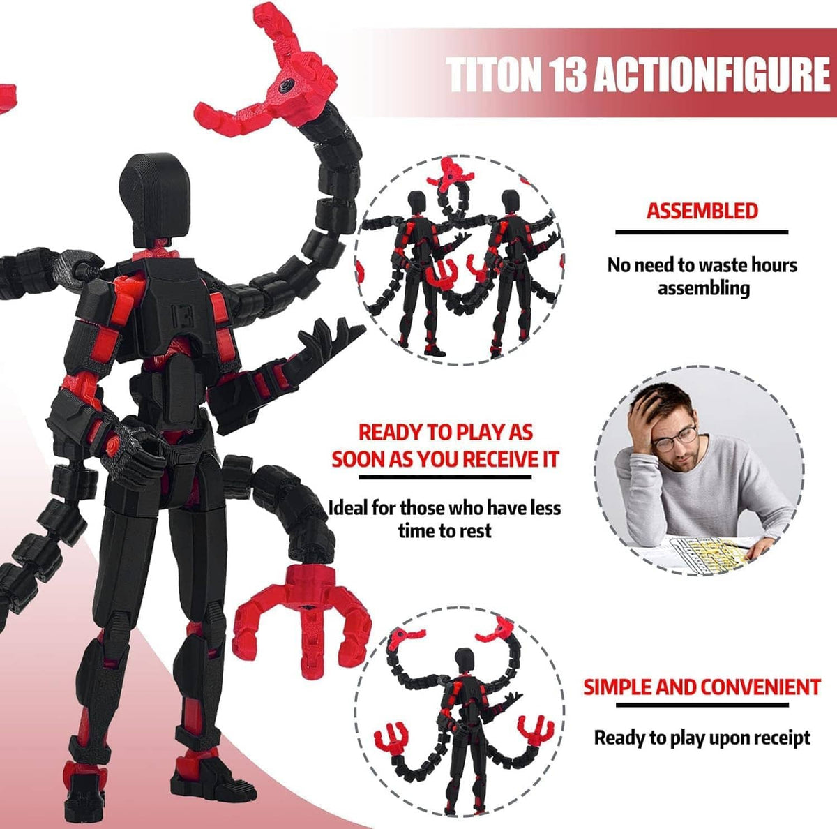 Assembled articulated action figure dummy with black and red armor, posed with raised arms