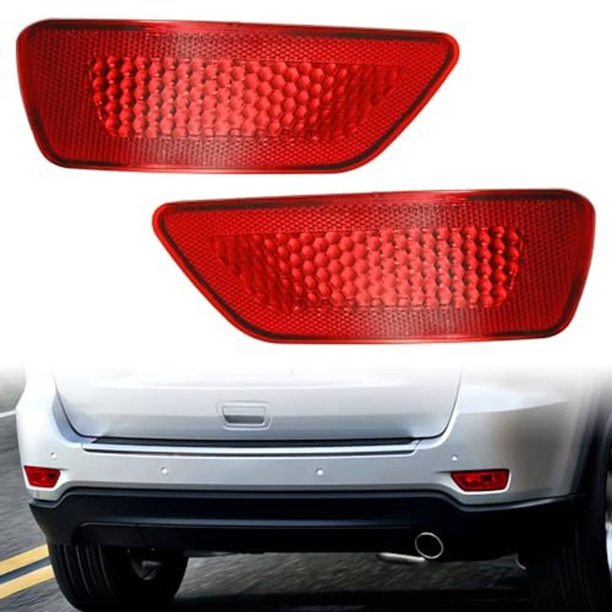 Red rear bumper reflector light lamps on the rear of a vehicle, two-piece pair.