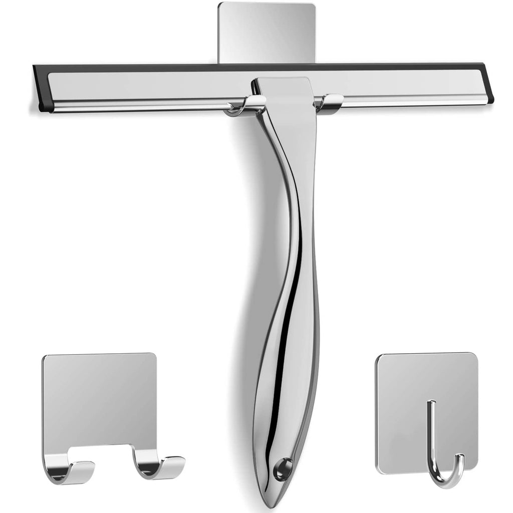 Stainless steel shower squeegee with central angled handle and chrome blade.