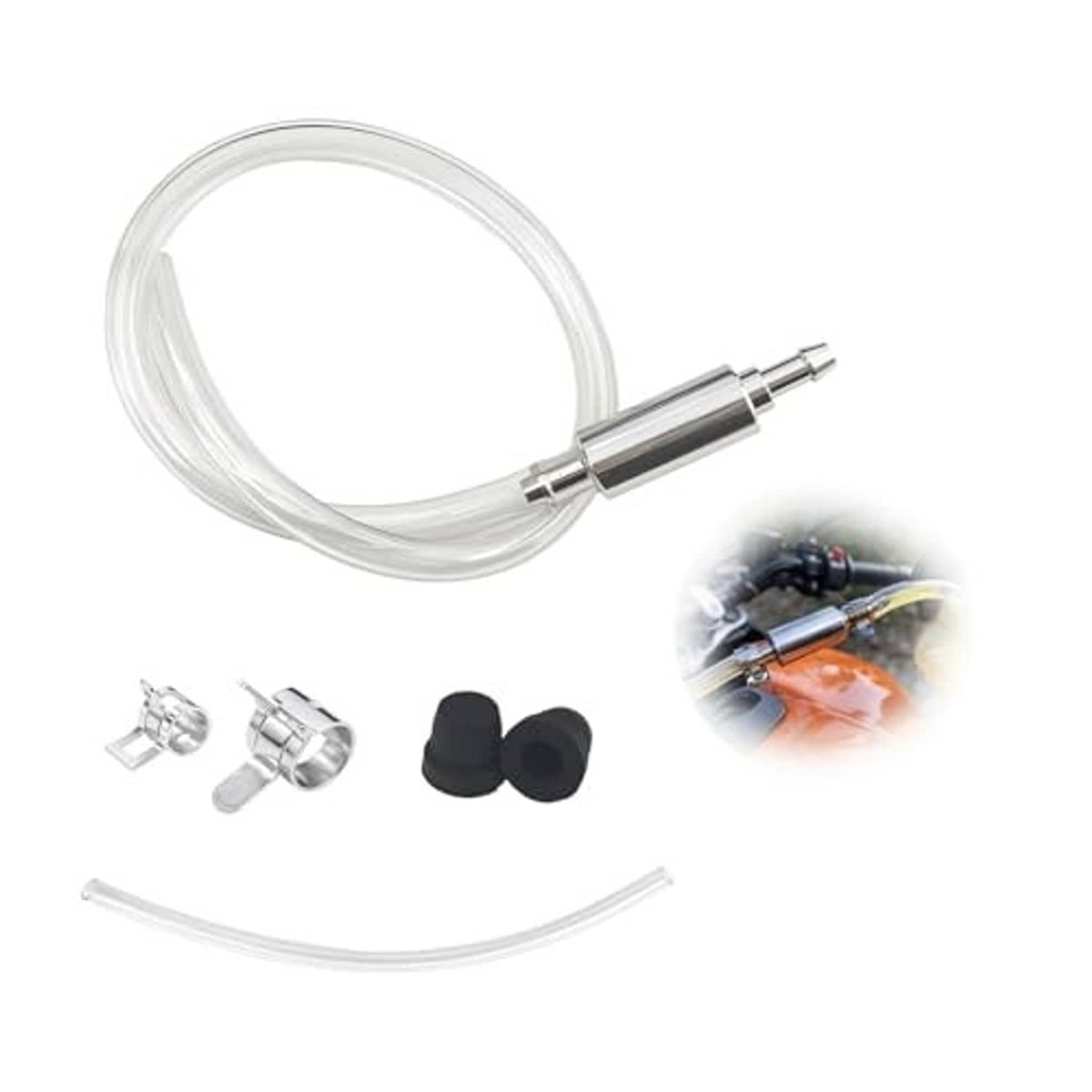 Brake bleeding hose kit with clear hose, metal one-way check valve, and small caps