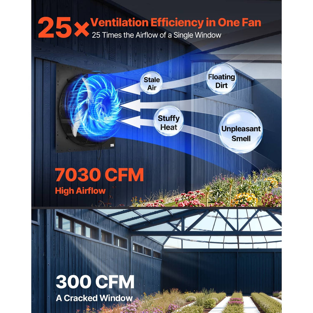Wall-mount shutter exhaust fan airflow performance graphic