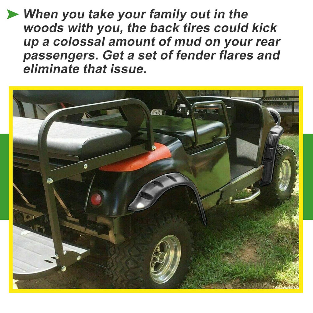 Golf cart with installed dark gray/black fender flares on front wheel arches