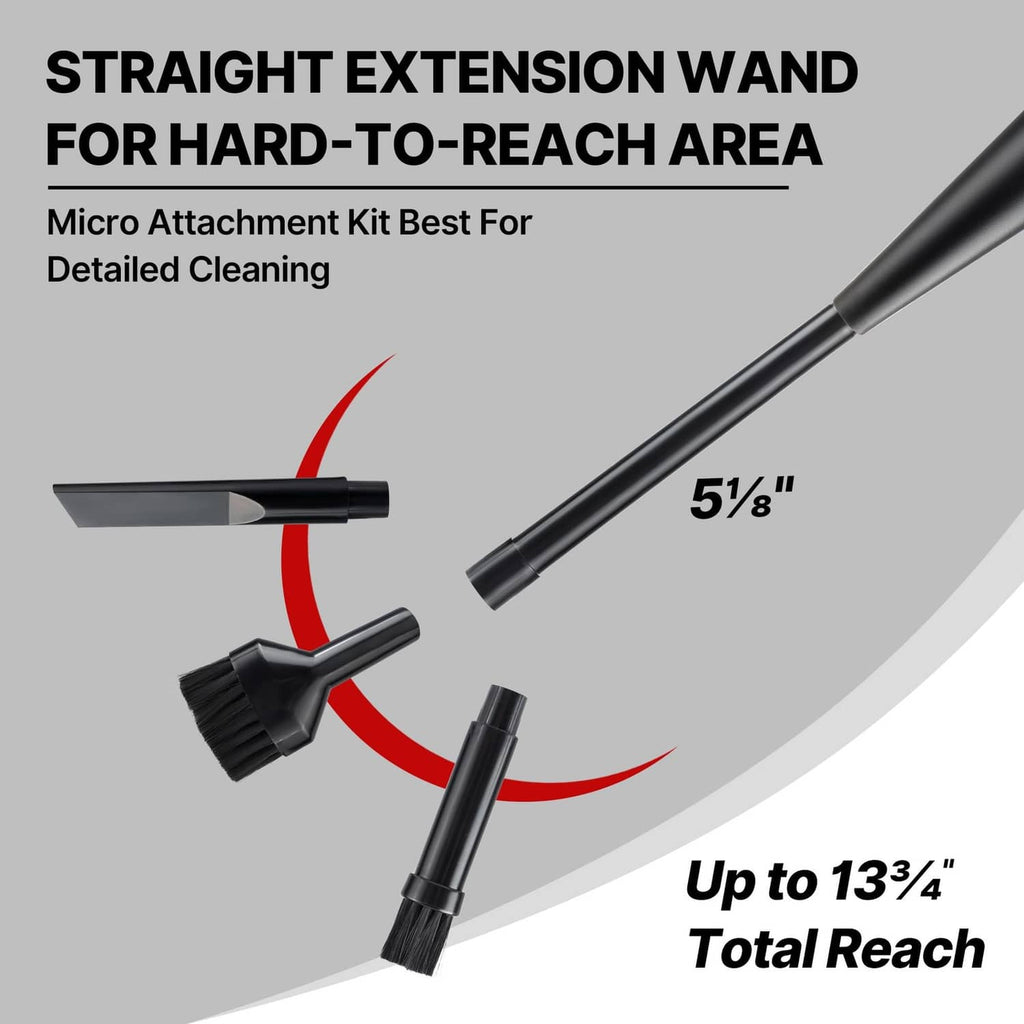 Black straight extension wand with micro brush attachment for hard-to-reach areas