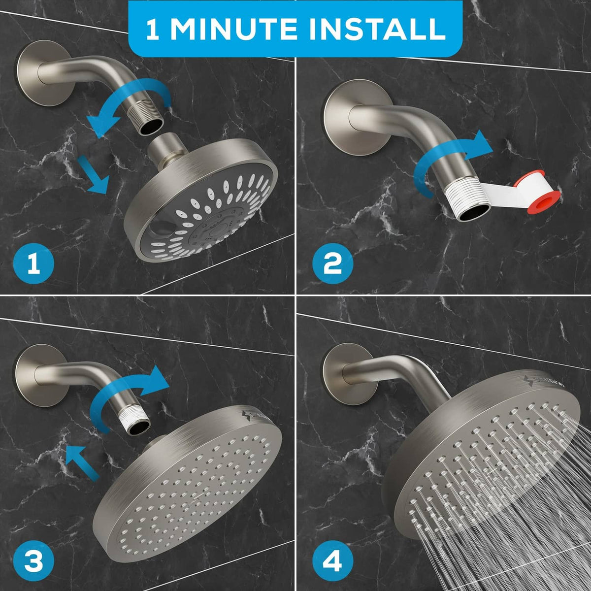Brushed nickel rain shower head shown during quick installation with included adapter