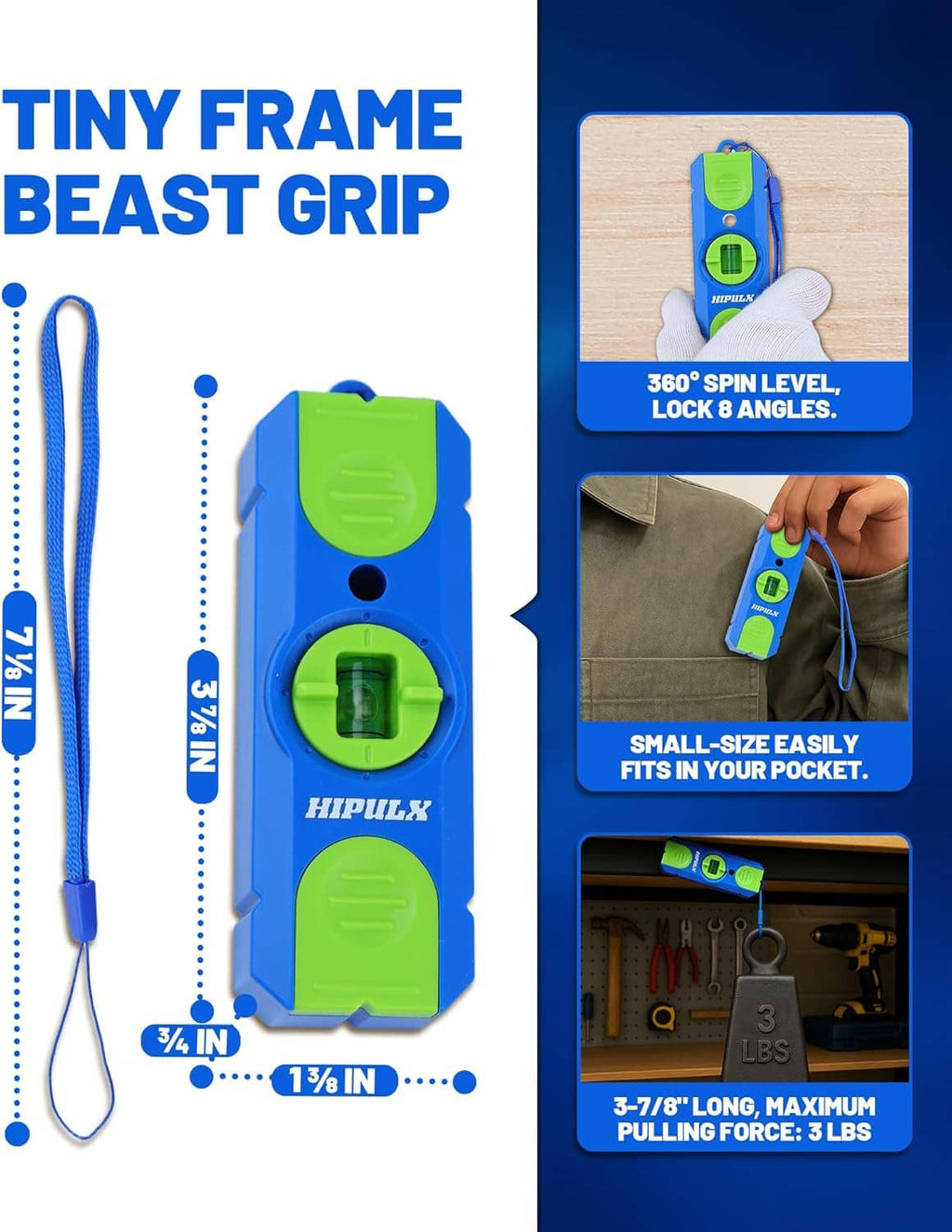Blue and green stud finder with lanyard shown alongside a level-lock angles diagram