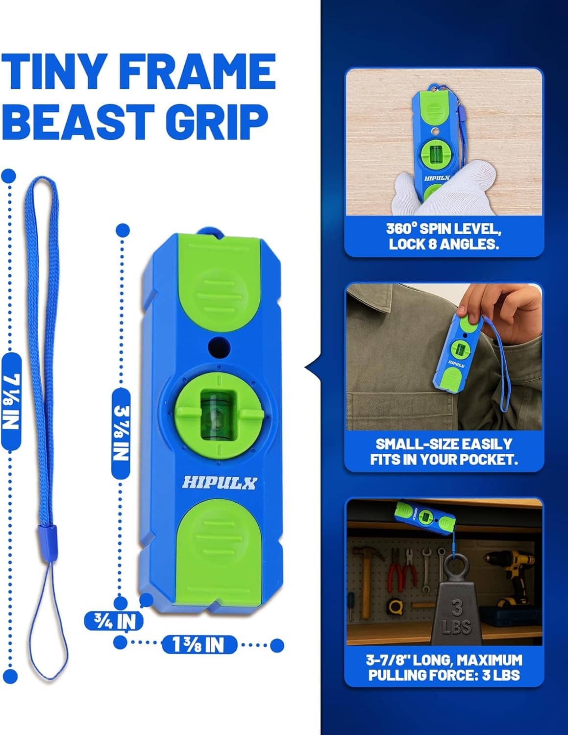 Blue and green stud finder with lanyard shown alongside a level-lock angles diagram