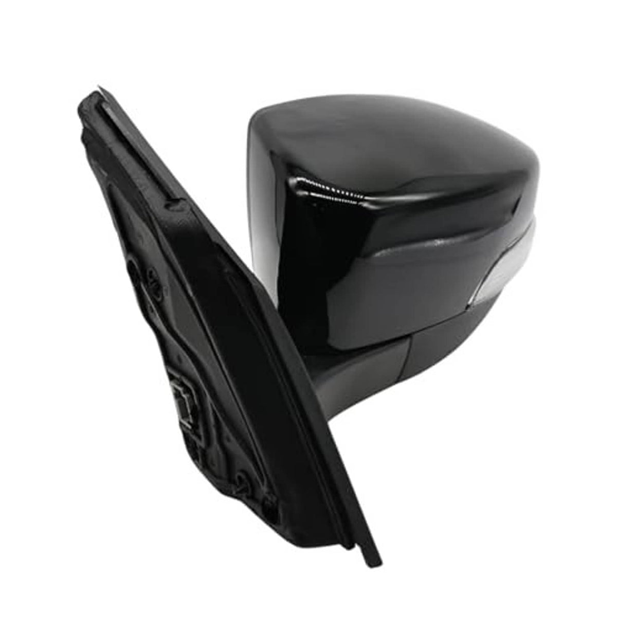 Left side mirror assembly with glossy black housing and attached mounting bracket