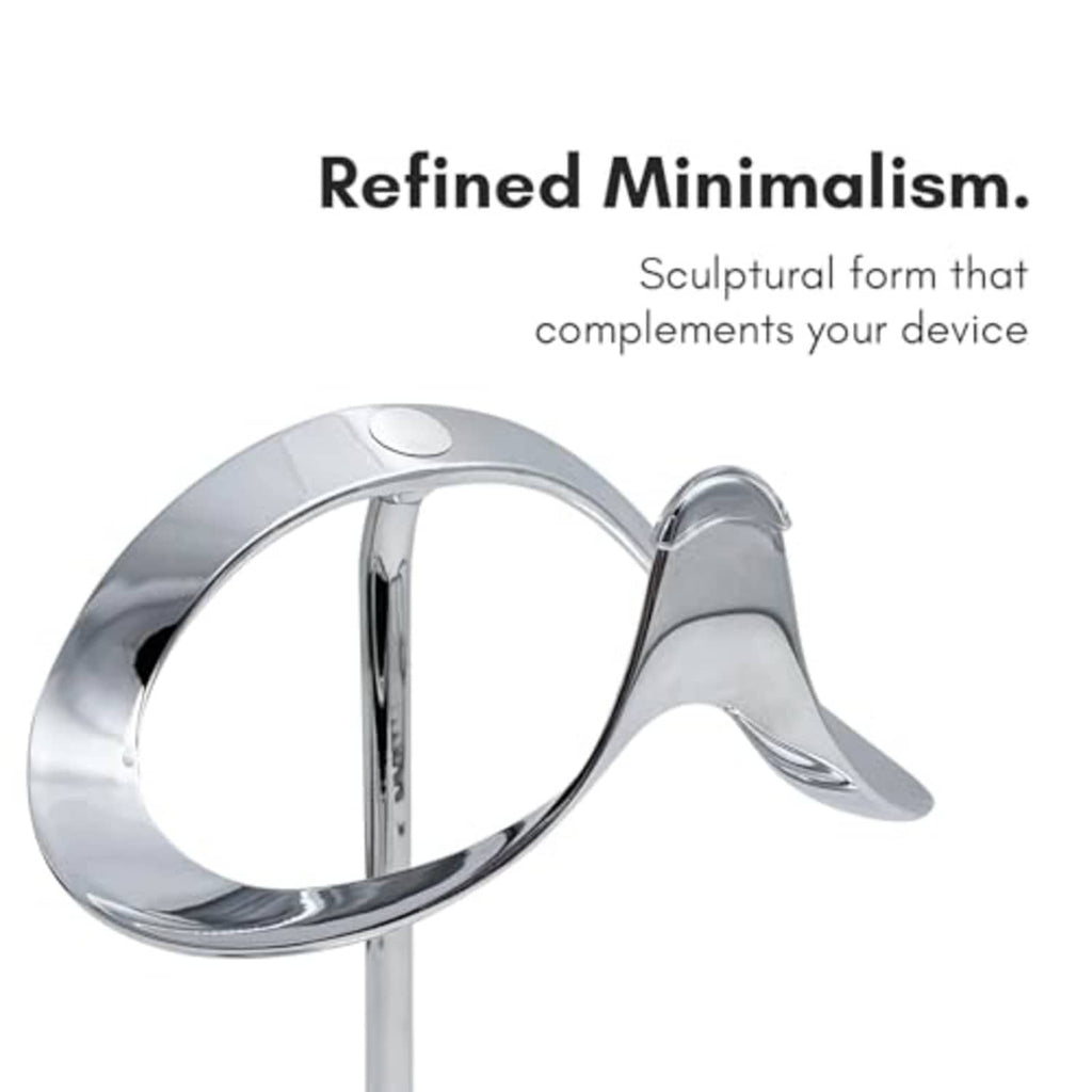 Silver chrome-finish stand with sculpted circular support arm