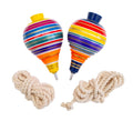 Set of 2 multicolor striped wooden spinning tops with rope pull cords