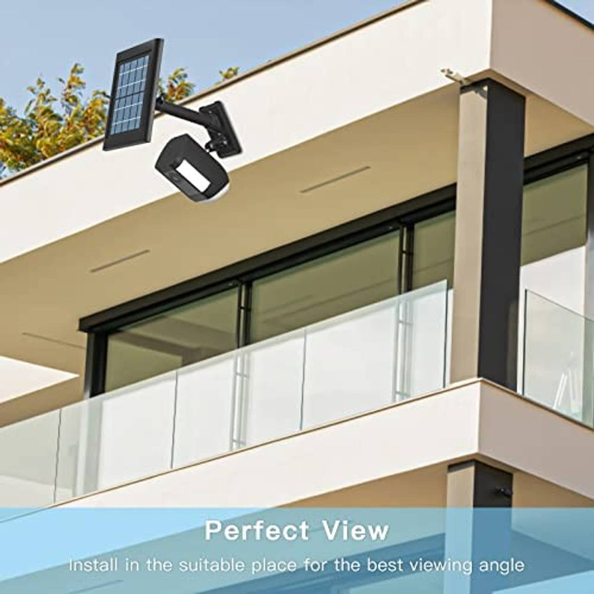 Black wall-mounted bracket holding a solar security camera near a building eave