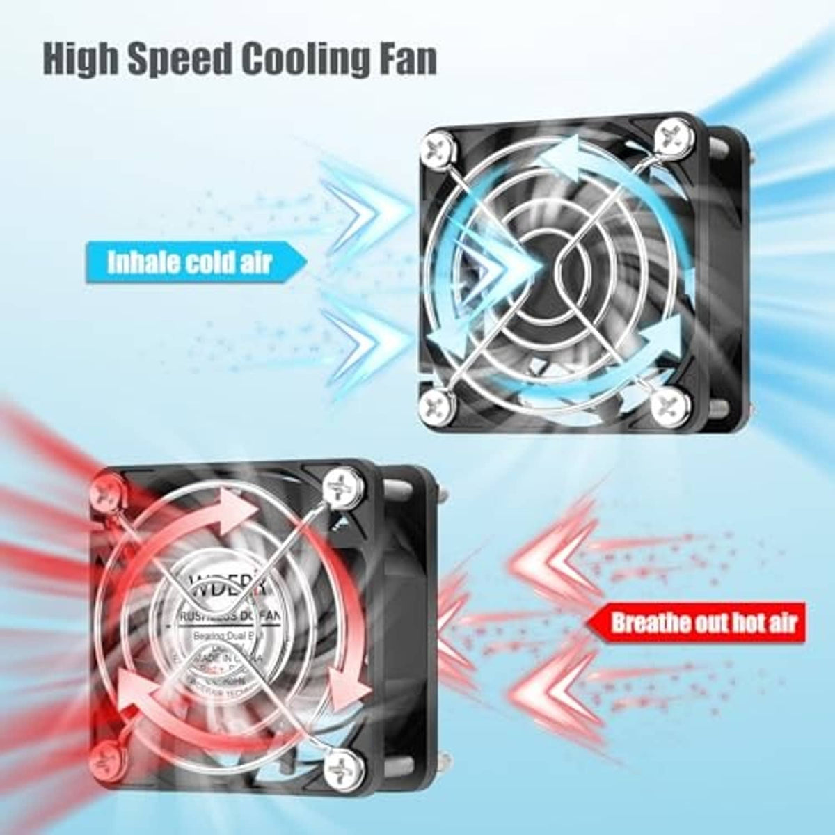 Dual DC brushless cooling fans with black frames and circular metal fan guards