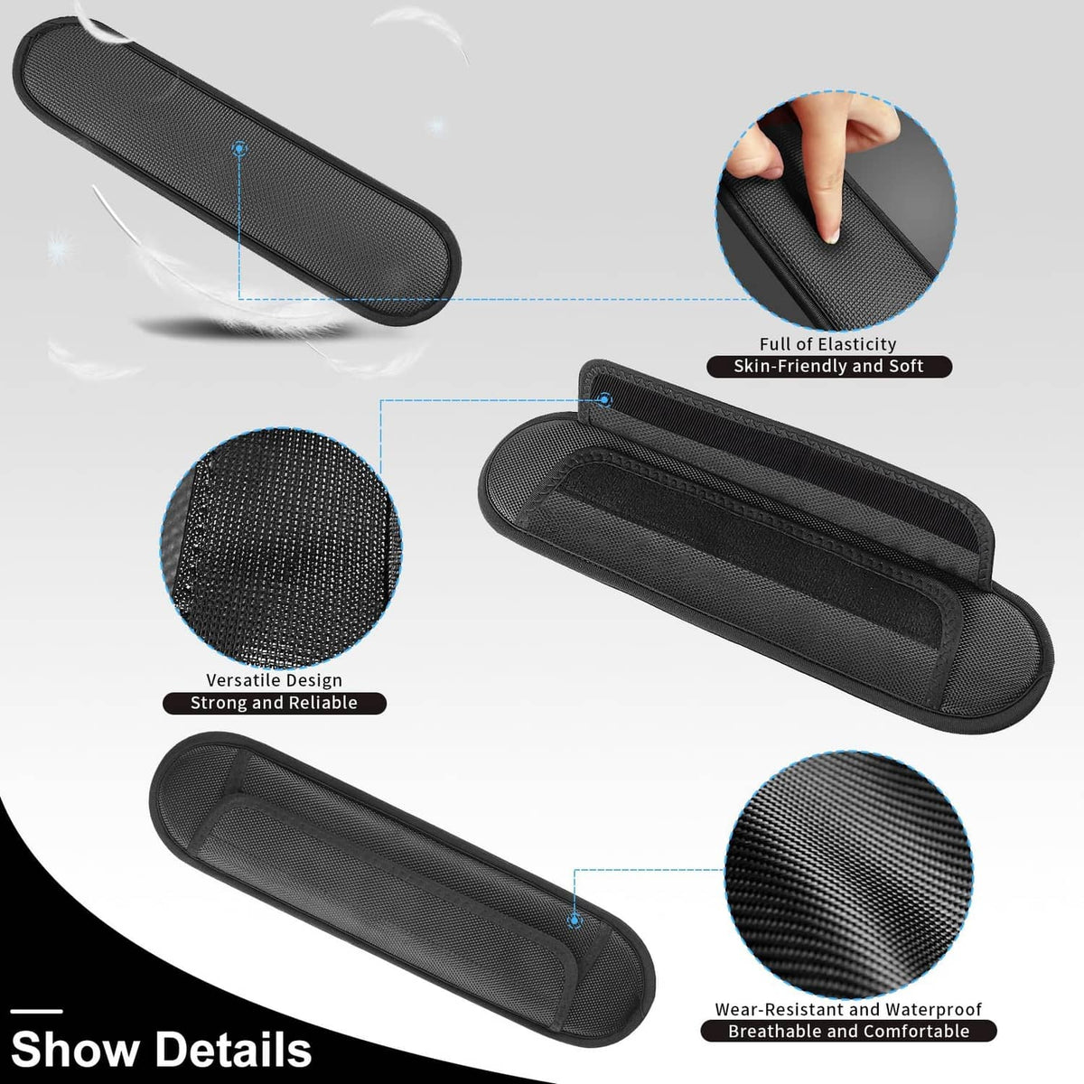 Black oval sandwich mesh shoulder pad with elastic interior and detailed texture closeups