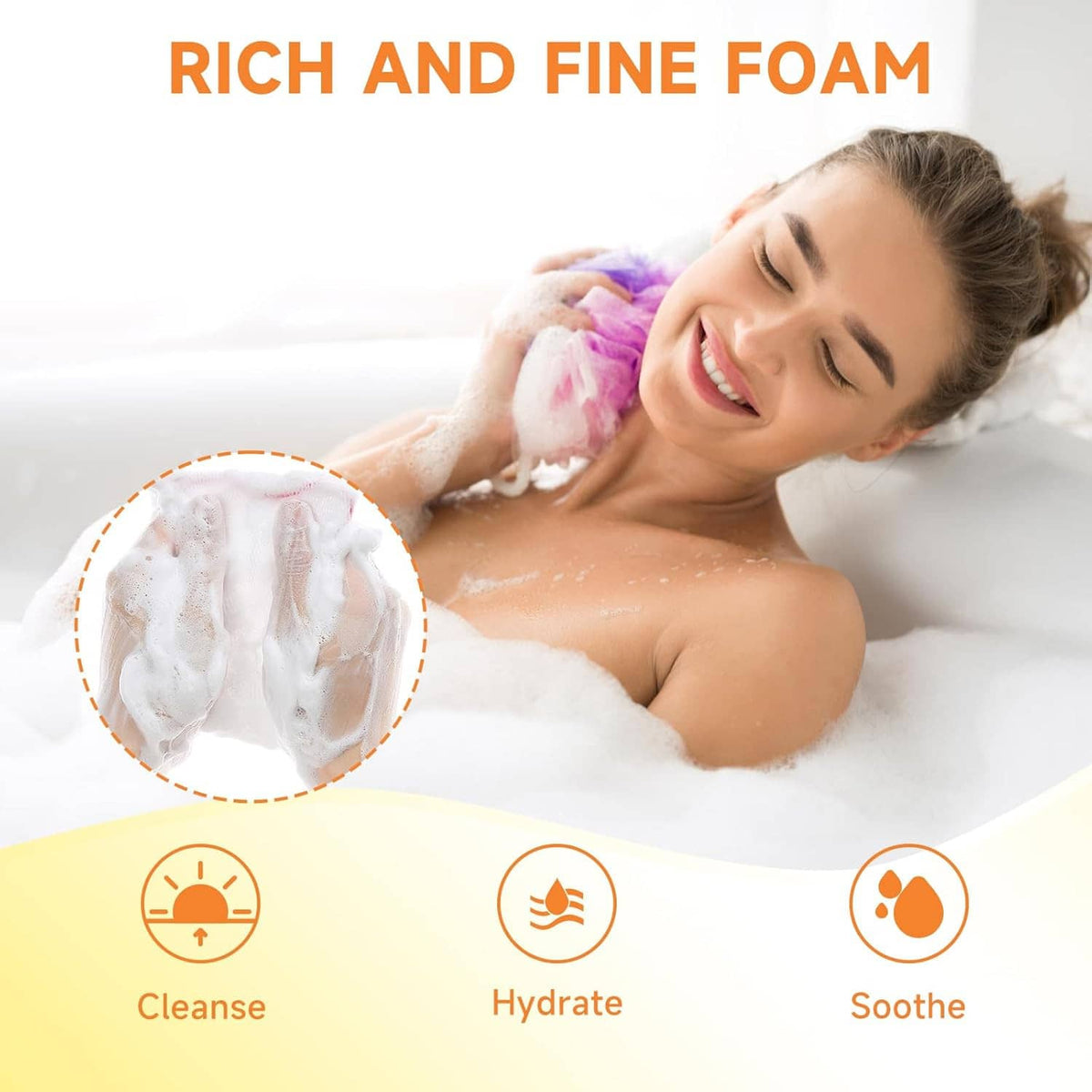 Women bathing with rich foam; cleanse, hydrate, and soothe icons for yoni soap