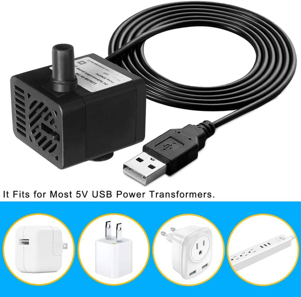 Submersible water pump with coiled USB cable and white tubing, black pump housing