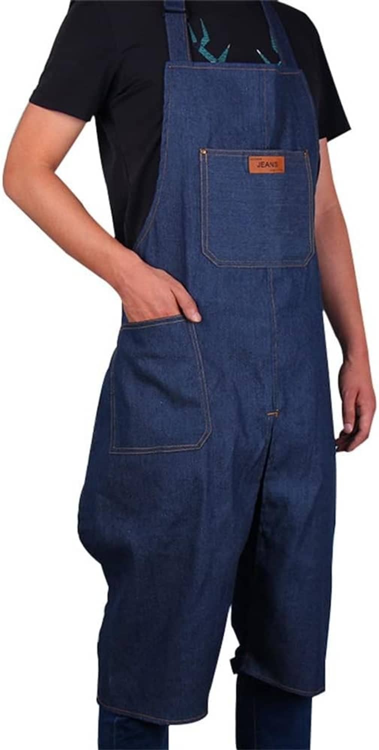 Blue denim split-leg pottery apron with front pocket and adjustable bib strap