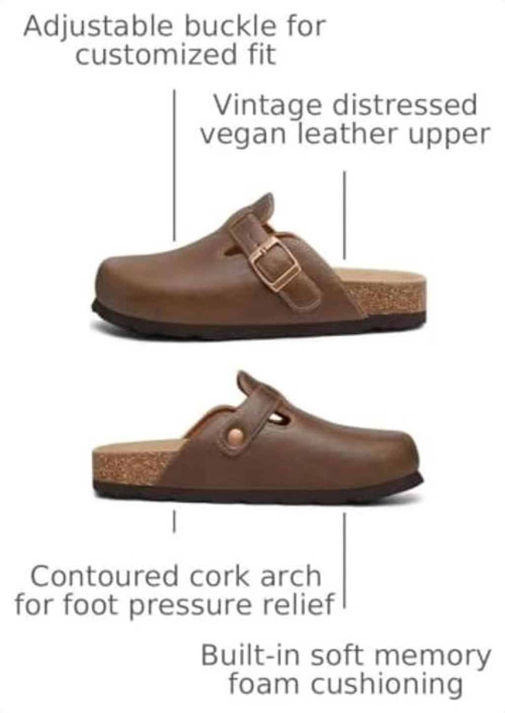 Mocha slip-on clog with adjustable buckle strap, cork arch, and cushioned footbed