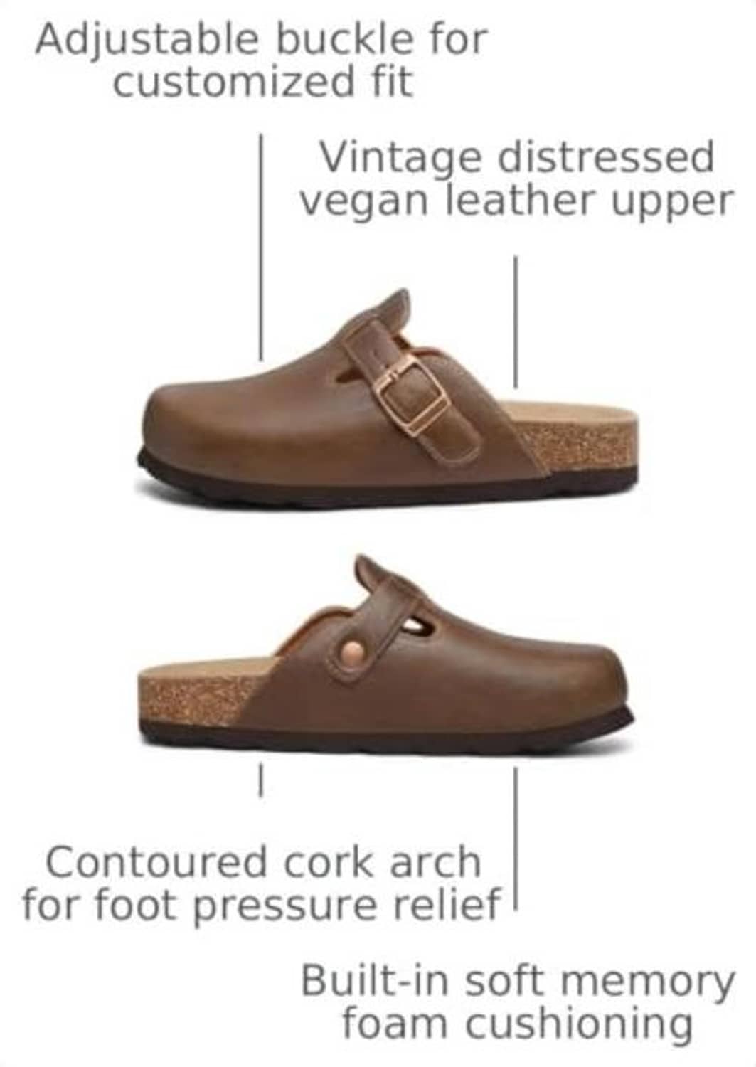 Mocha slip-on clog with adjustable buckle strap, cork arch, and cushioned footbed
