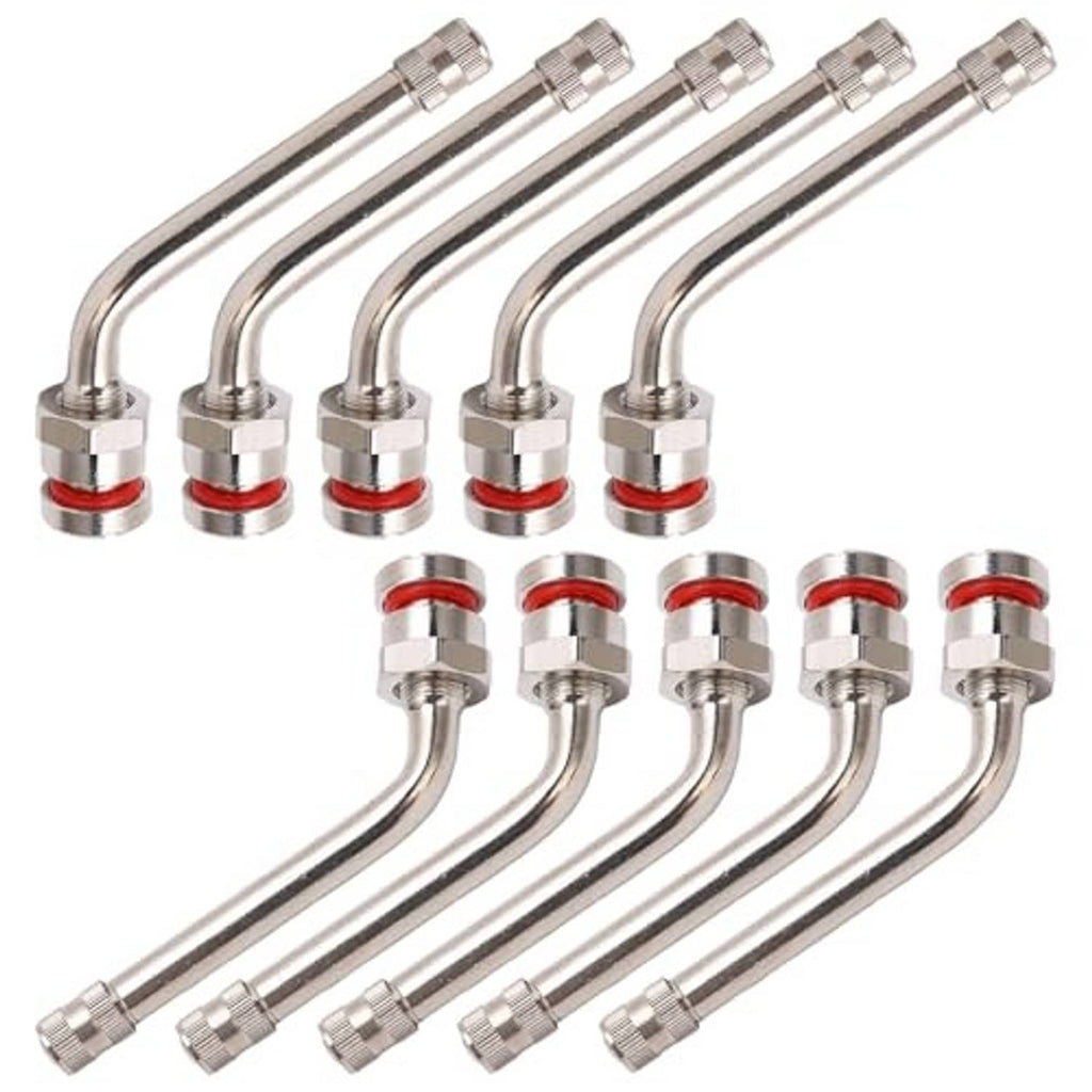 Set of curved truck tire valve stem extensions in chrome metal with red sealing rings.