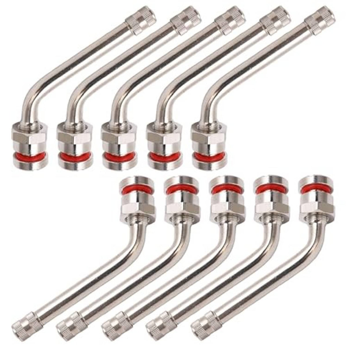 Set of curved truck tire valve stem extensions in chrome metal with red sealing rings.
