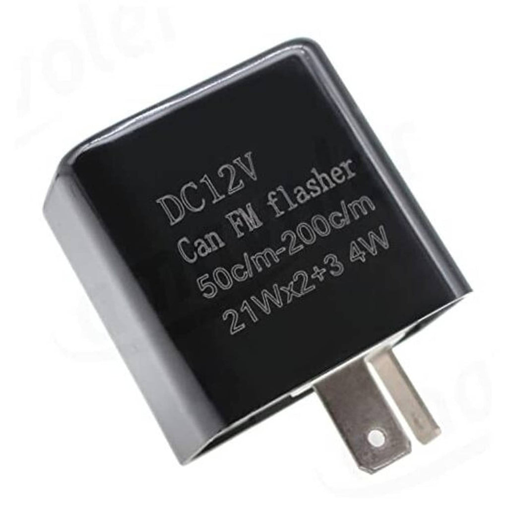 DC12V flasher relay black housing with two angled metal blades, product close-up