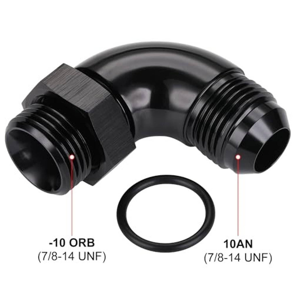 Black 90-degree AN elbow with ORB threads and O-ring seal, labeled ports