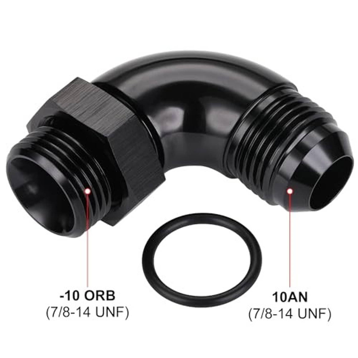 Black 90-degree AN elbow with ORB threads and O-ring seal, labeled ports