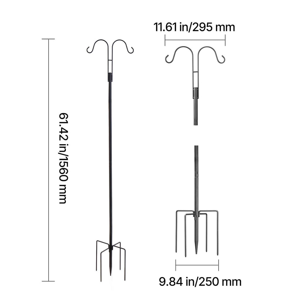 Measured bird feeder pole height and base width diagram with dual hook design