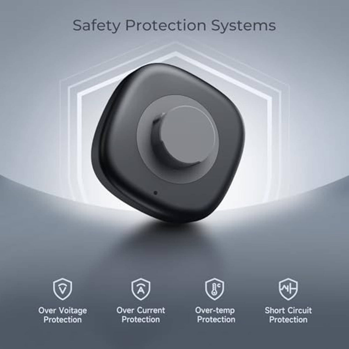 Black charging puck with circular cradle and integrated protection design