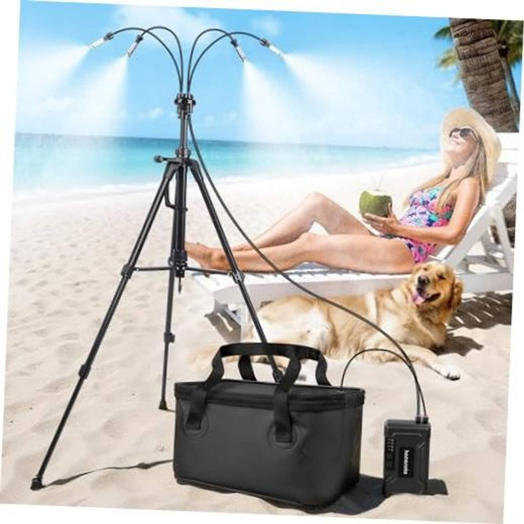 Black portable misting pump and tripod stand with hoses, plus water bag