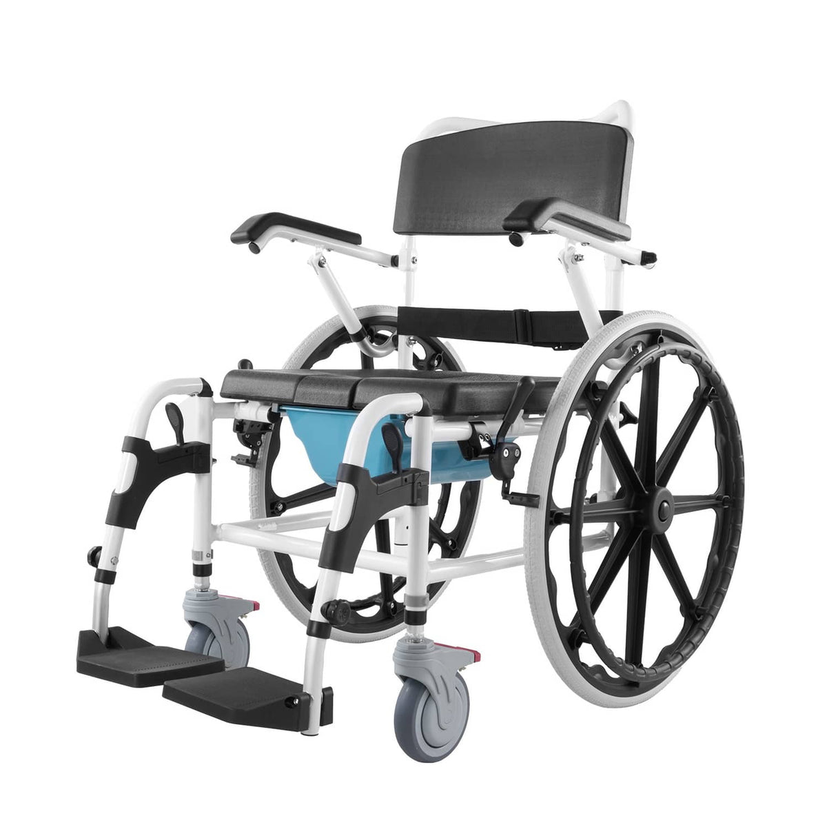 Shower wheelchair with black seat, white frame, blue support panel, black wheels