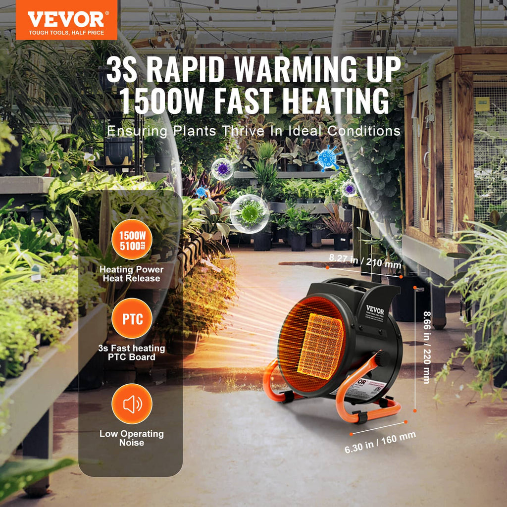 1500W greenhouse heater with orange PTC heating element and black VEVOR housing