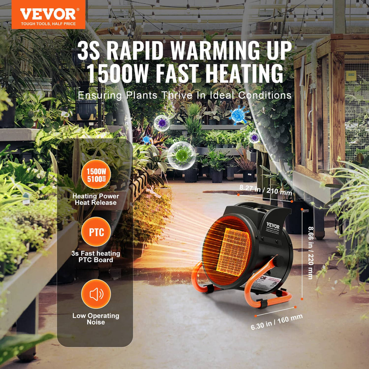 1500W greenhouse heater with orange PTC heating element and black VEVOR housing