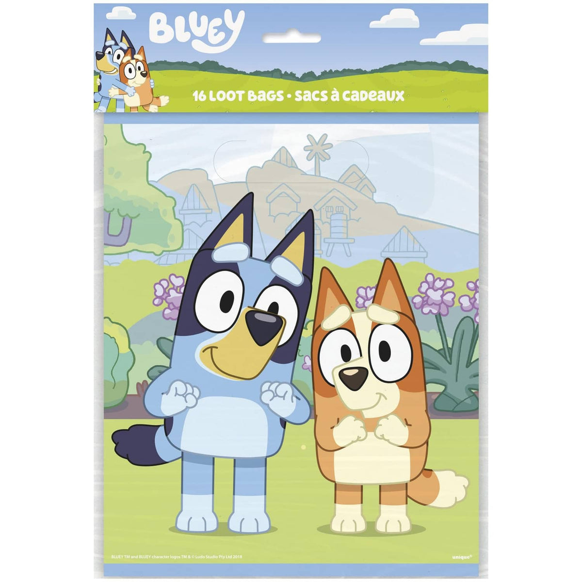 Bluey loot bag with Bluey and friends character artwork, hanging handle