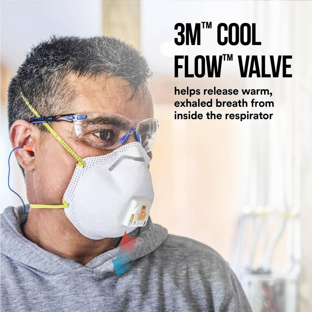 White 3M N95 respirator with Cool Flow valve, worn by person, side view