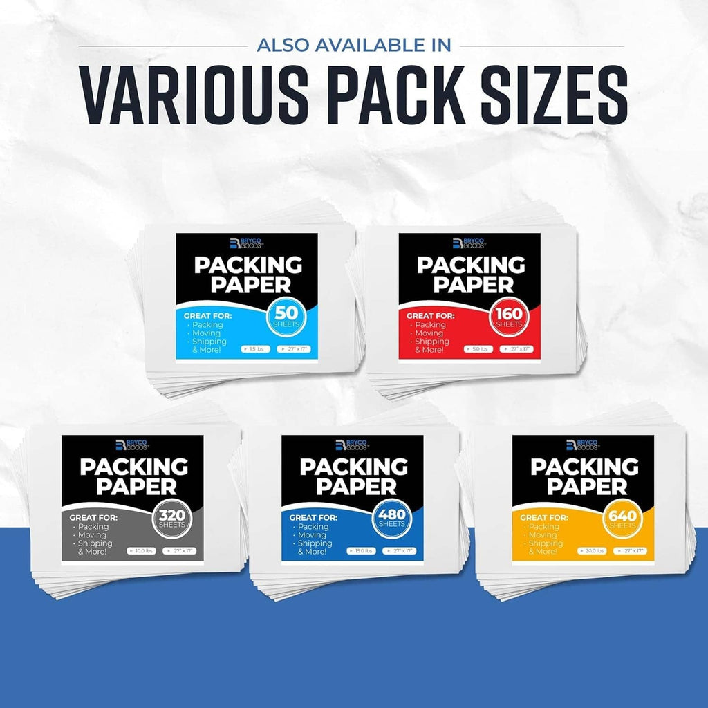Newsprint packing paper in various pack sizes, multiple labeled stacks shown