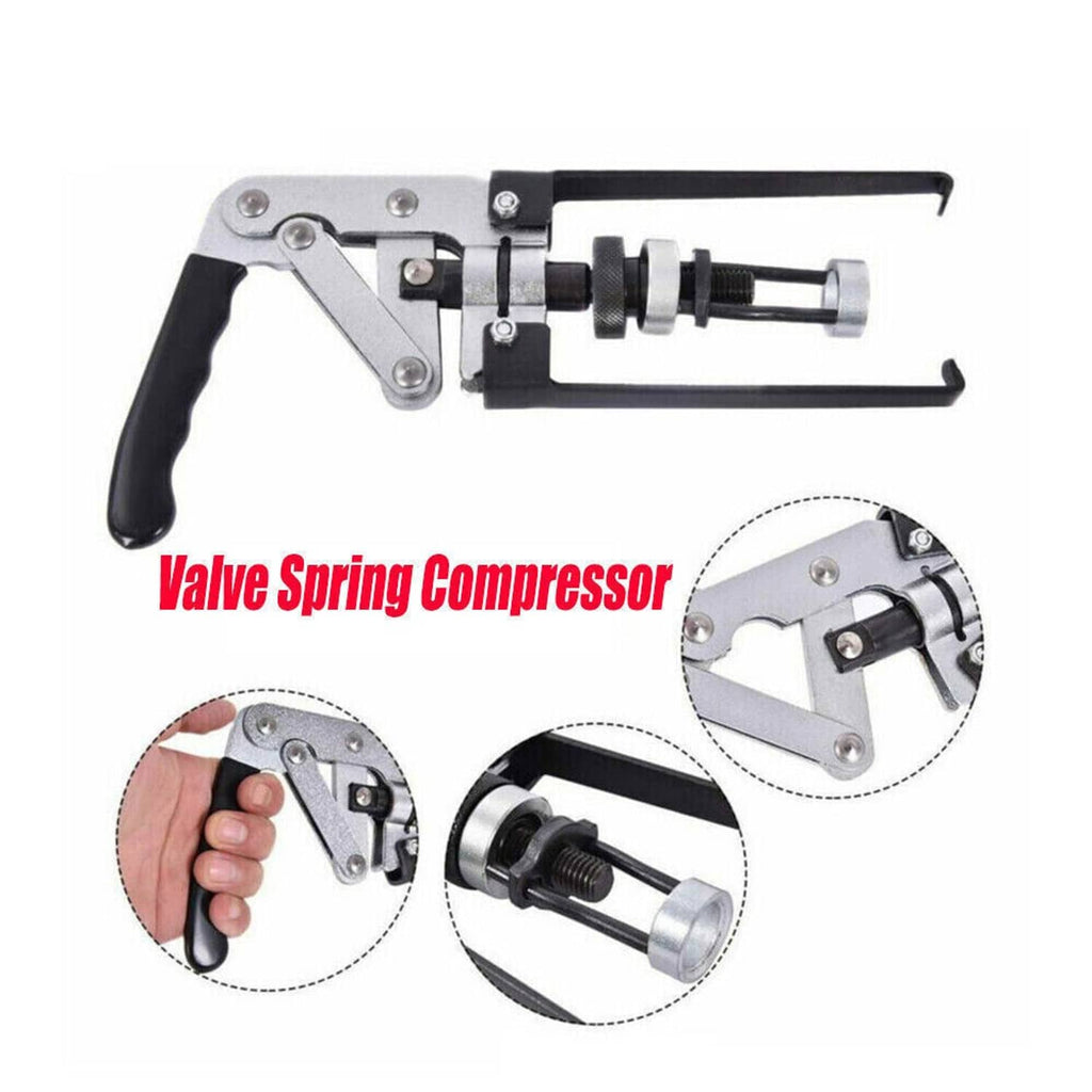 Valve spring compressor tool with lever frame and long threaded screw