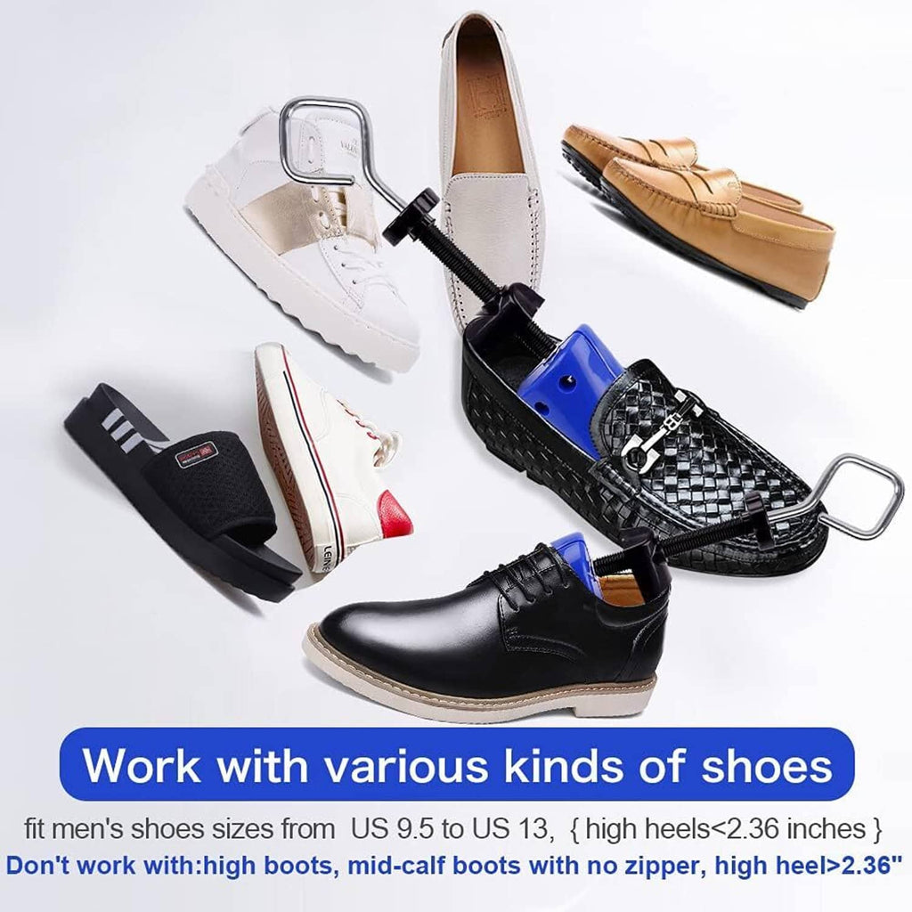 Shoe stretcher with blue expander shown with black and white shoes and storage bag