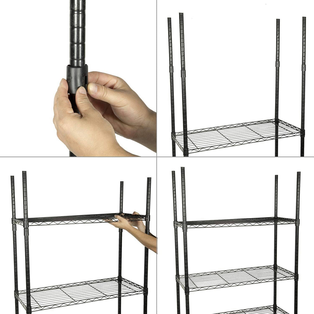 Black wire shelf lock clips being installed onto wire shelving posts
