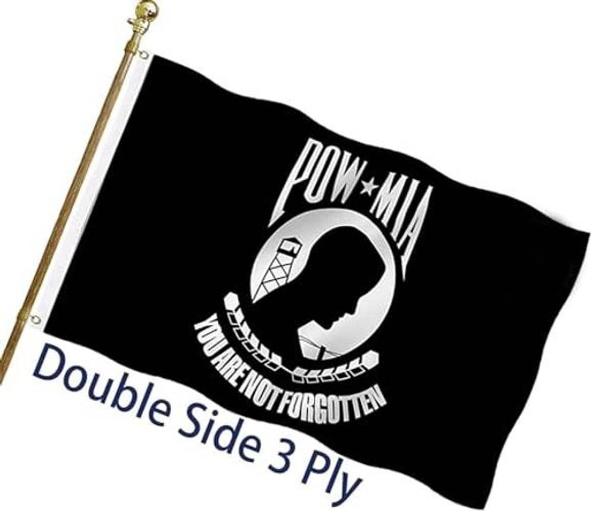 Black double-sided outdoor flag with POW*MIA emblem and double side 3 ply text