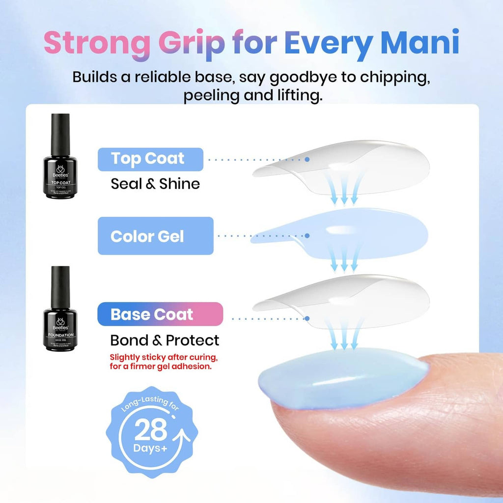 Beetles top coat and base coat bottles with manicure nail color swatches